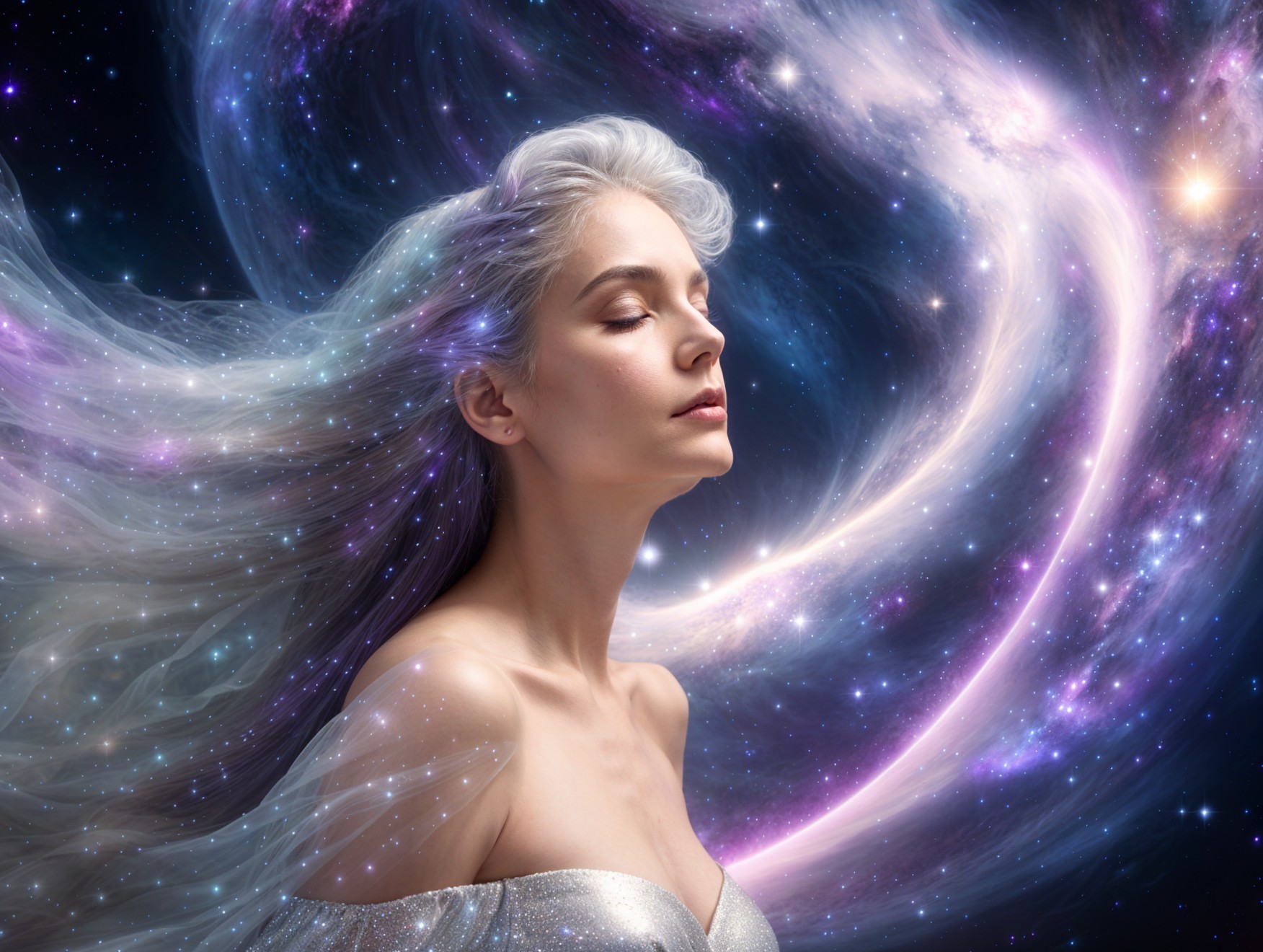 Serene Woman with Silver Hair in Cosmic Colors