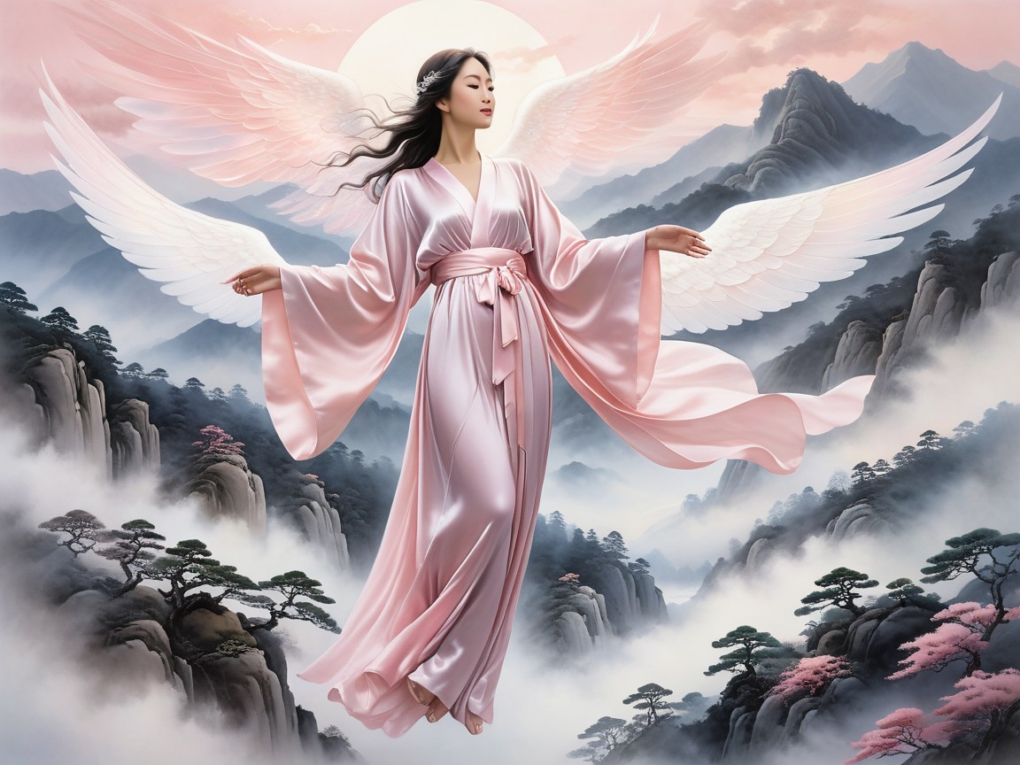 Asian Woman with Wings in Mountainous Landscape