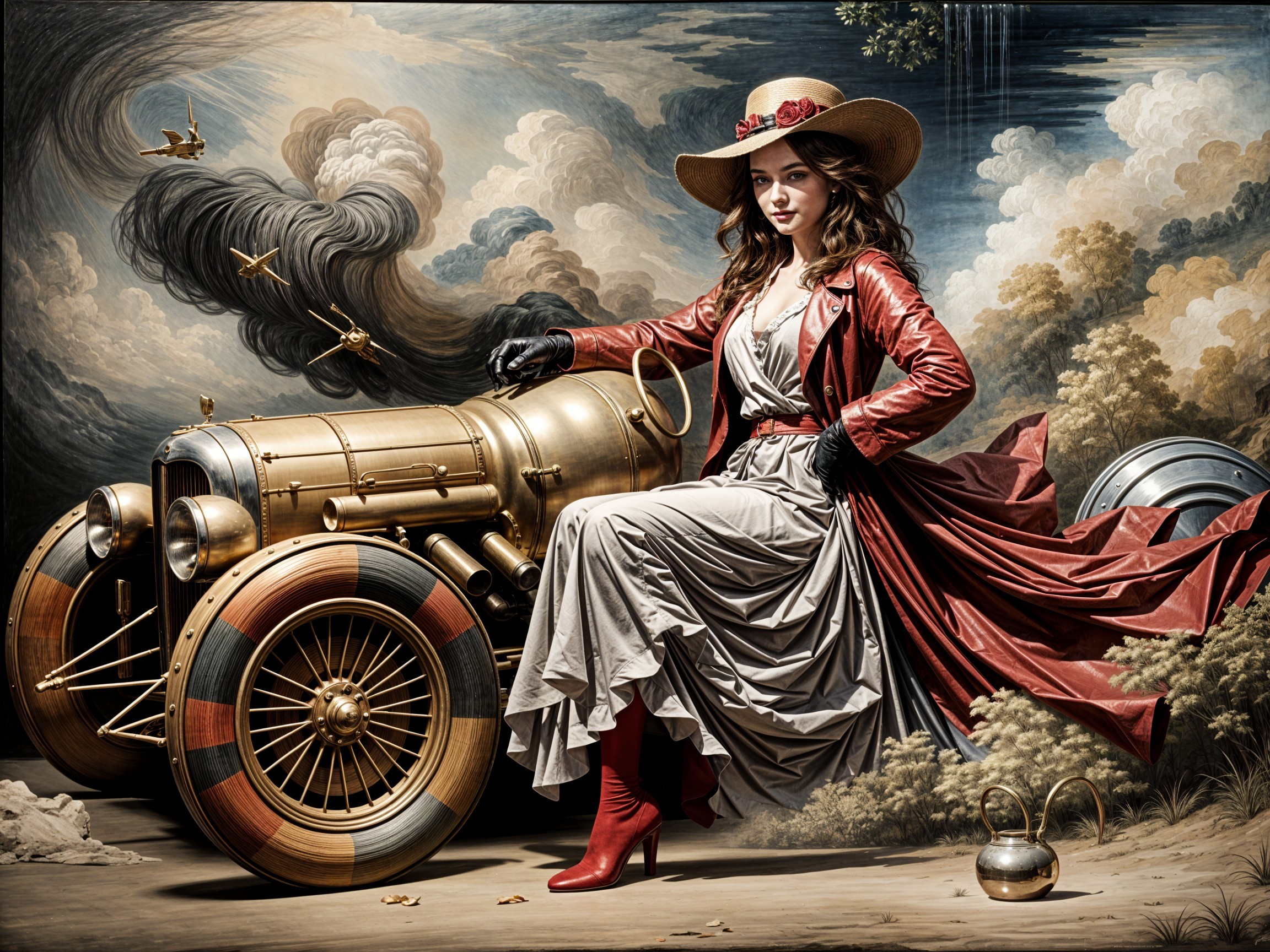 Glamorous Figure in Gray Dress on Vintage Car