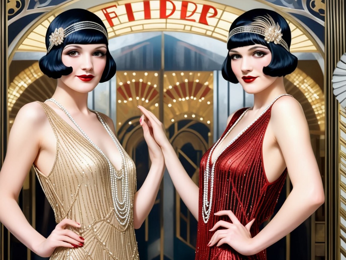 Elegant Women in 1920s Flapper Dresses with Art Deco Design