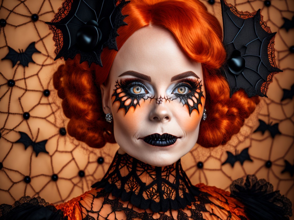 Portrait of a Woman with Orange Hair and Halloween Makeup