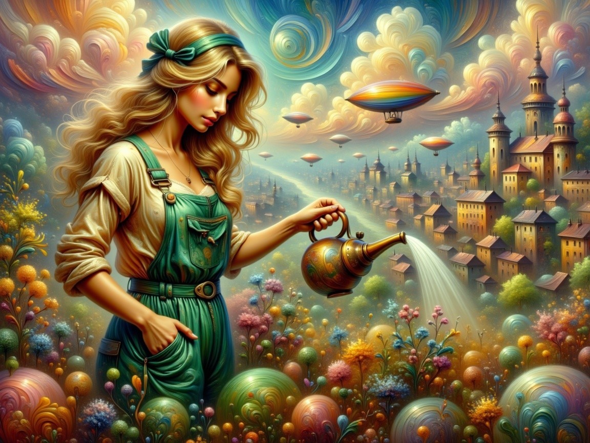 Whimsical Woman in Garden with Teapot and Airships