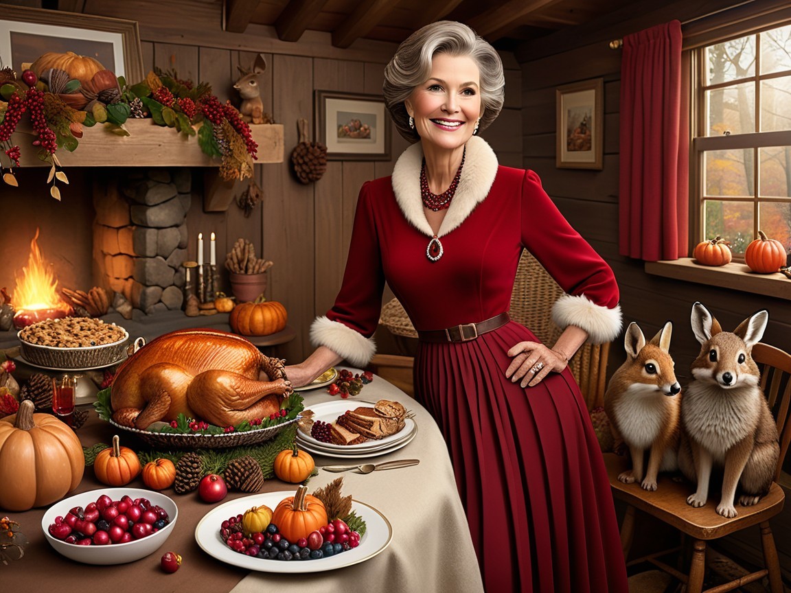 Cozy Autumn Kitchen with Thanksgiving Feast and Foxes