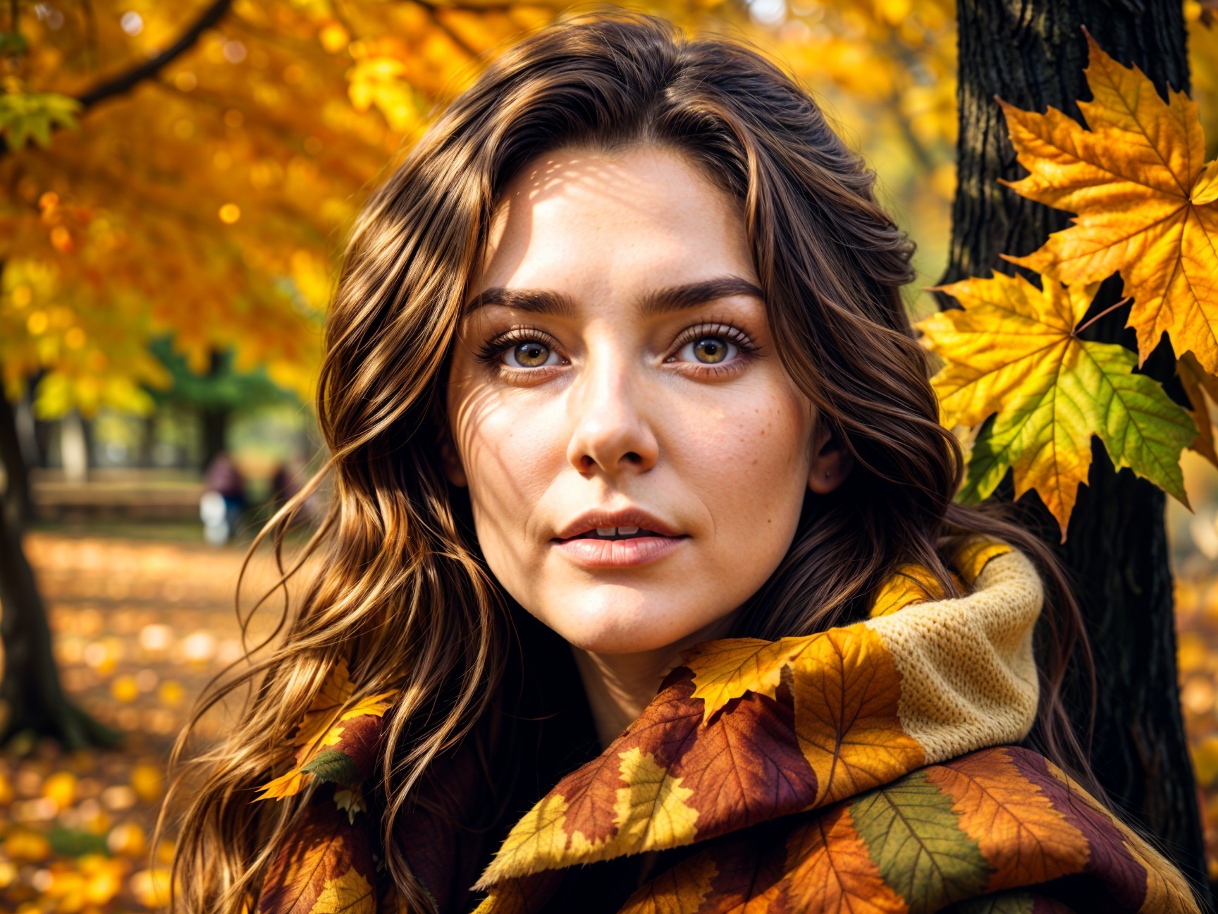 Young woman in autumn shawl among colorful leaves