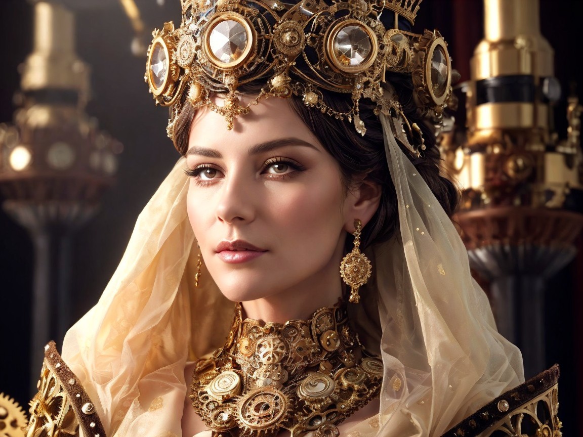 Regal figure in golden jewelry and steampunk setting