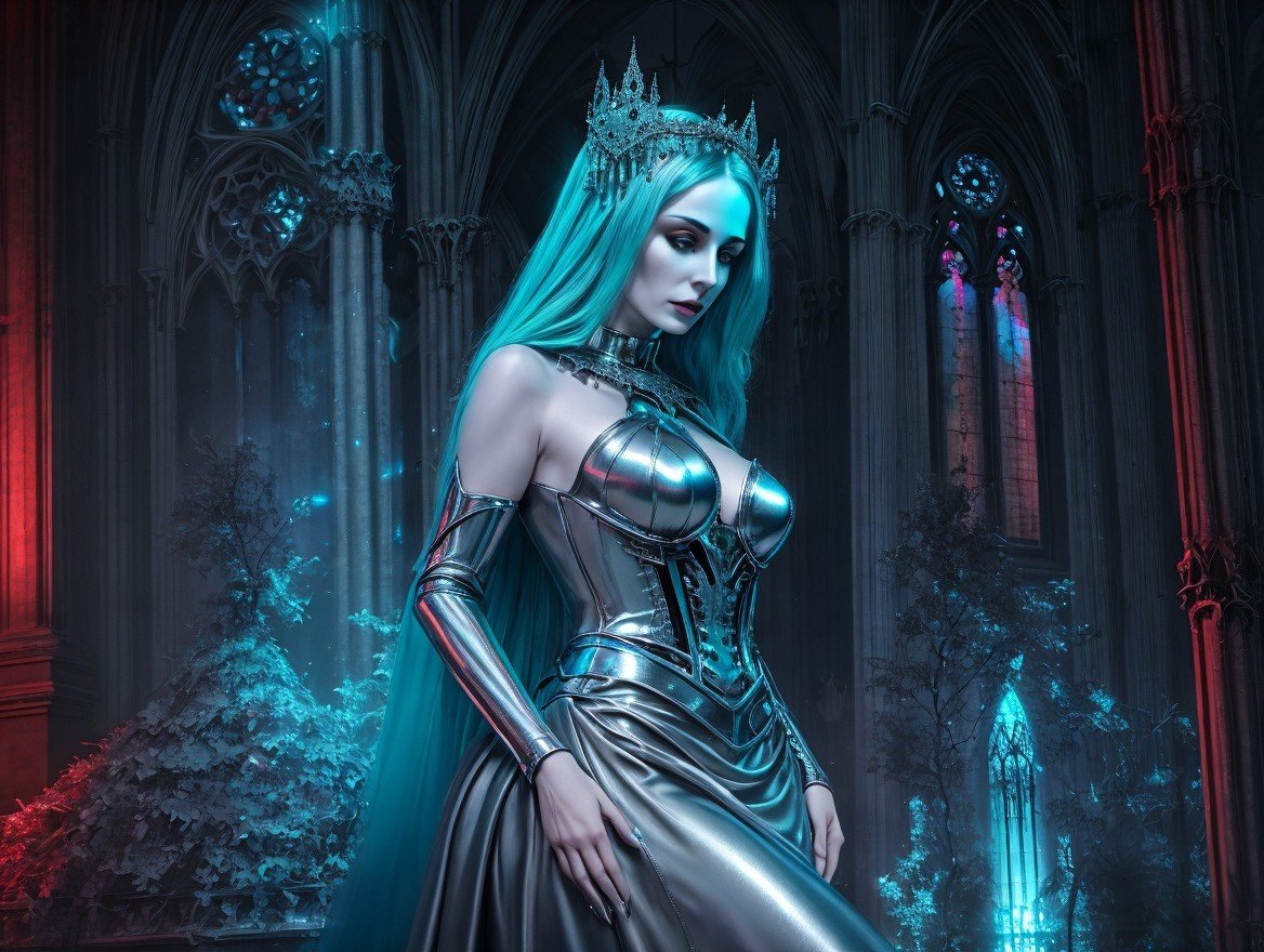 Gothic Setting with Female Figure in Silver Gown