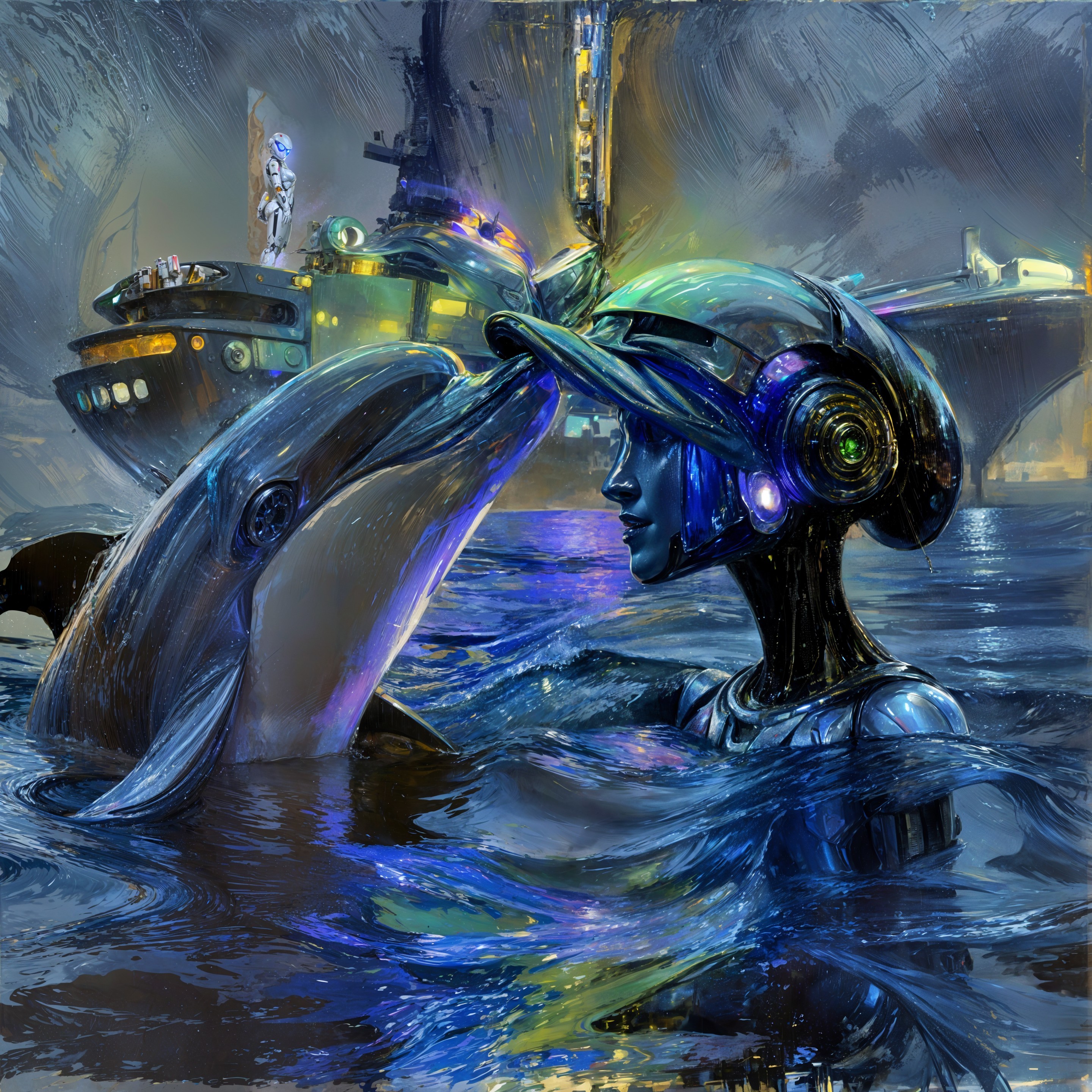 Humanoid Robot and Dolphin in Futuristic City Scene