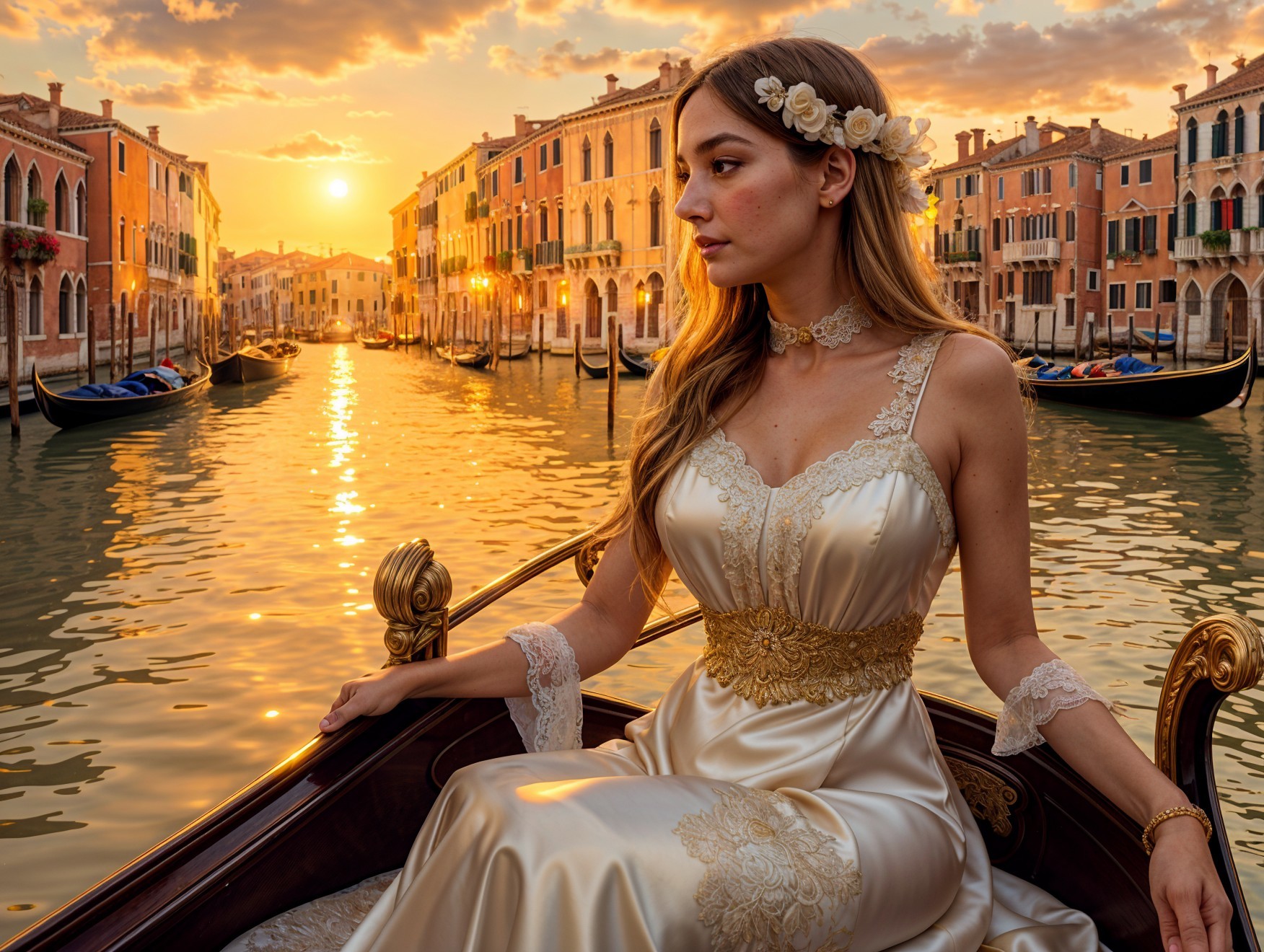 Woman in Ivory Gown in a Venetian Gondola at Sunset
