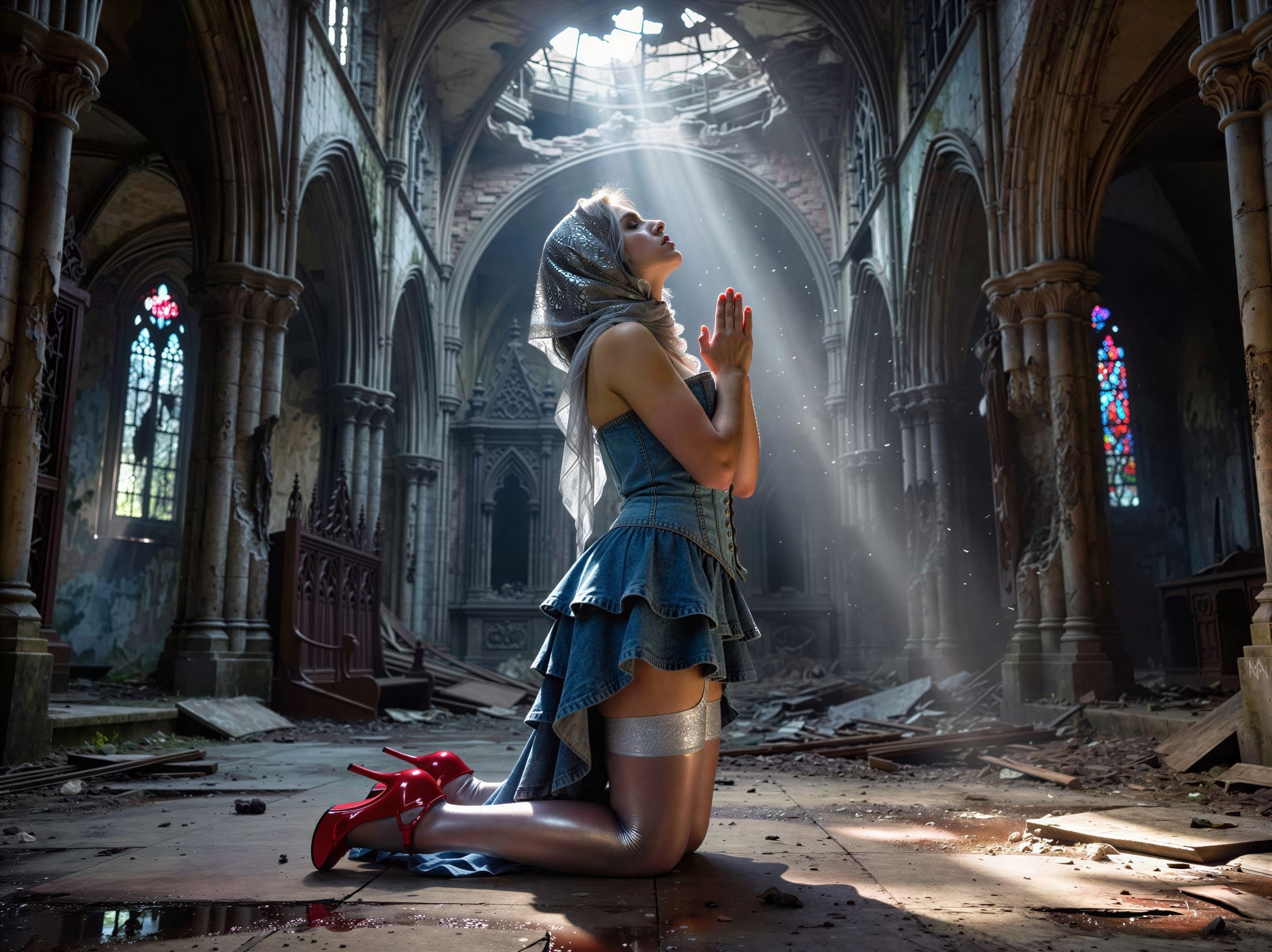 Young Woman Praying in Historic Church Interior