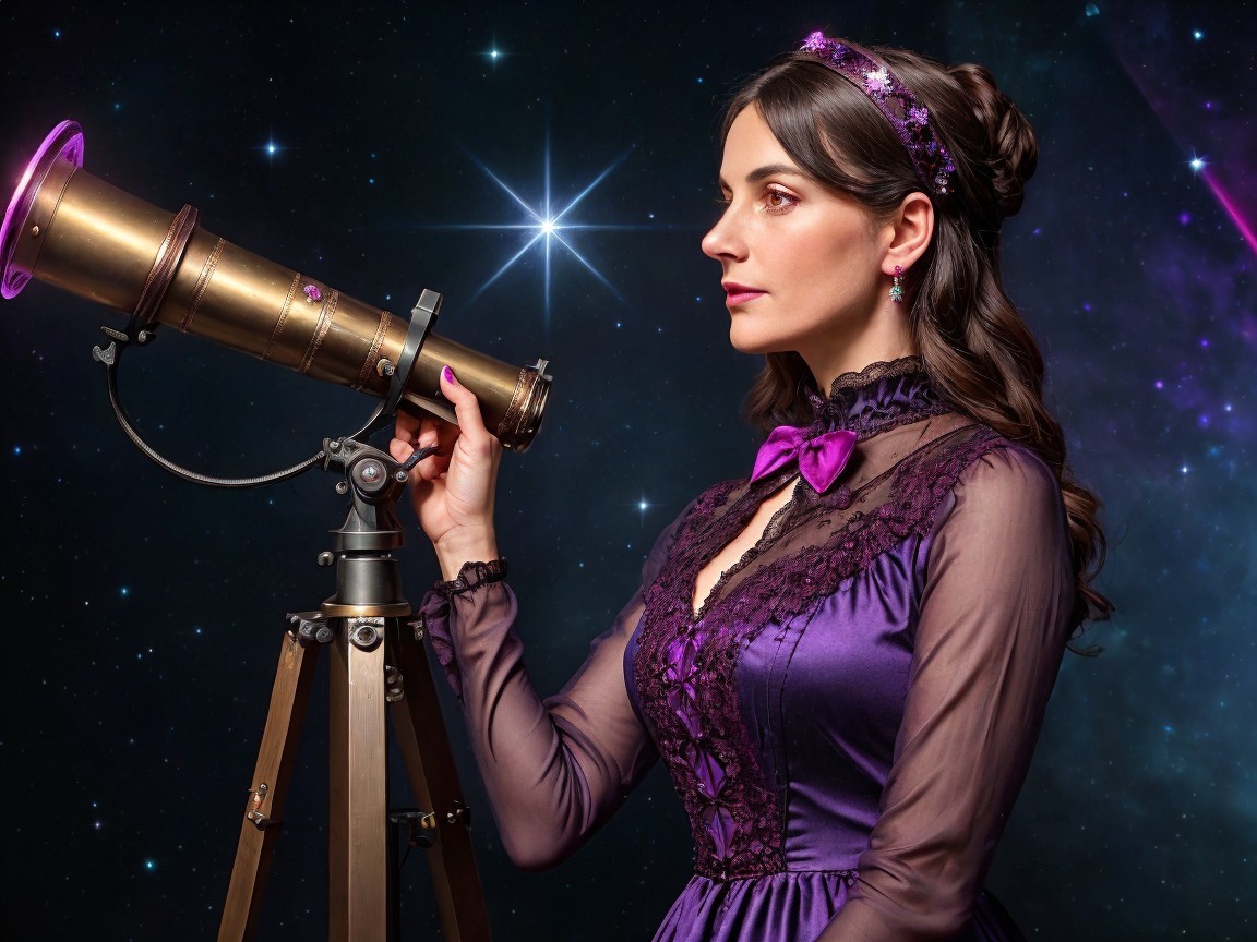Woman in vintage dress with telescope in cosmic scene