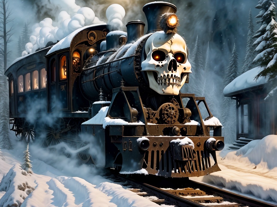 Ghostly Steam Locomotive in Snowy Forest Scene