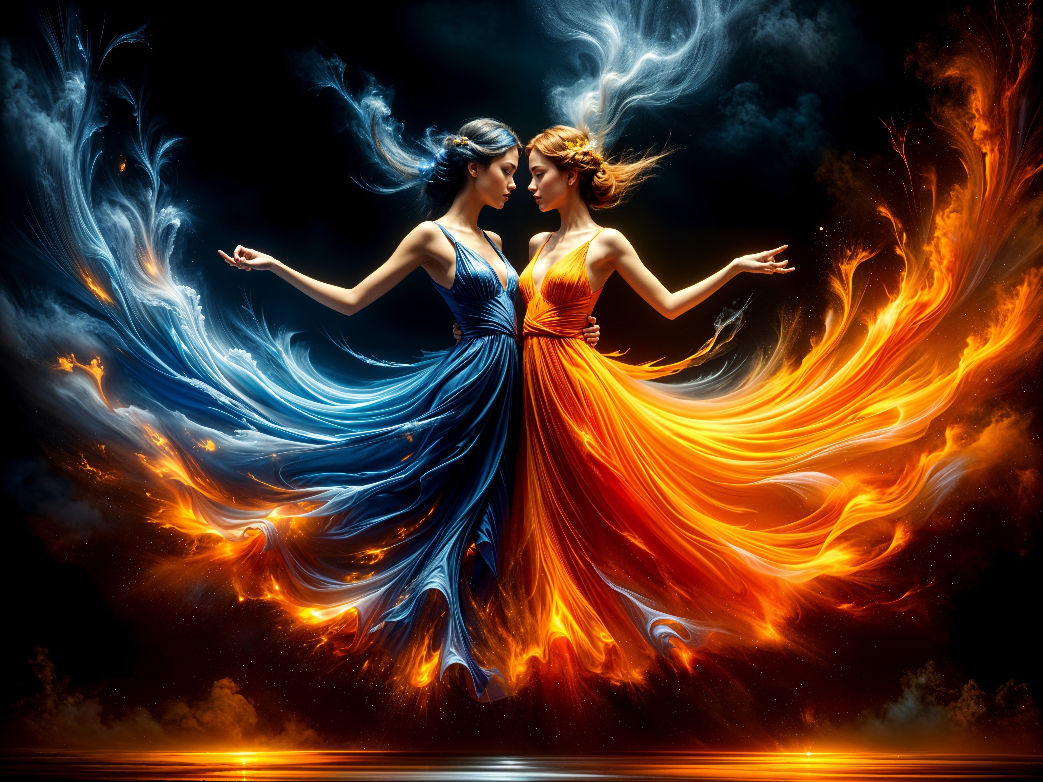 Ethereal Figures of Water and Fire in Dynamic Poses