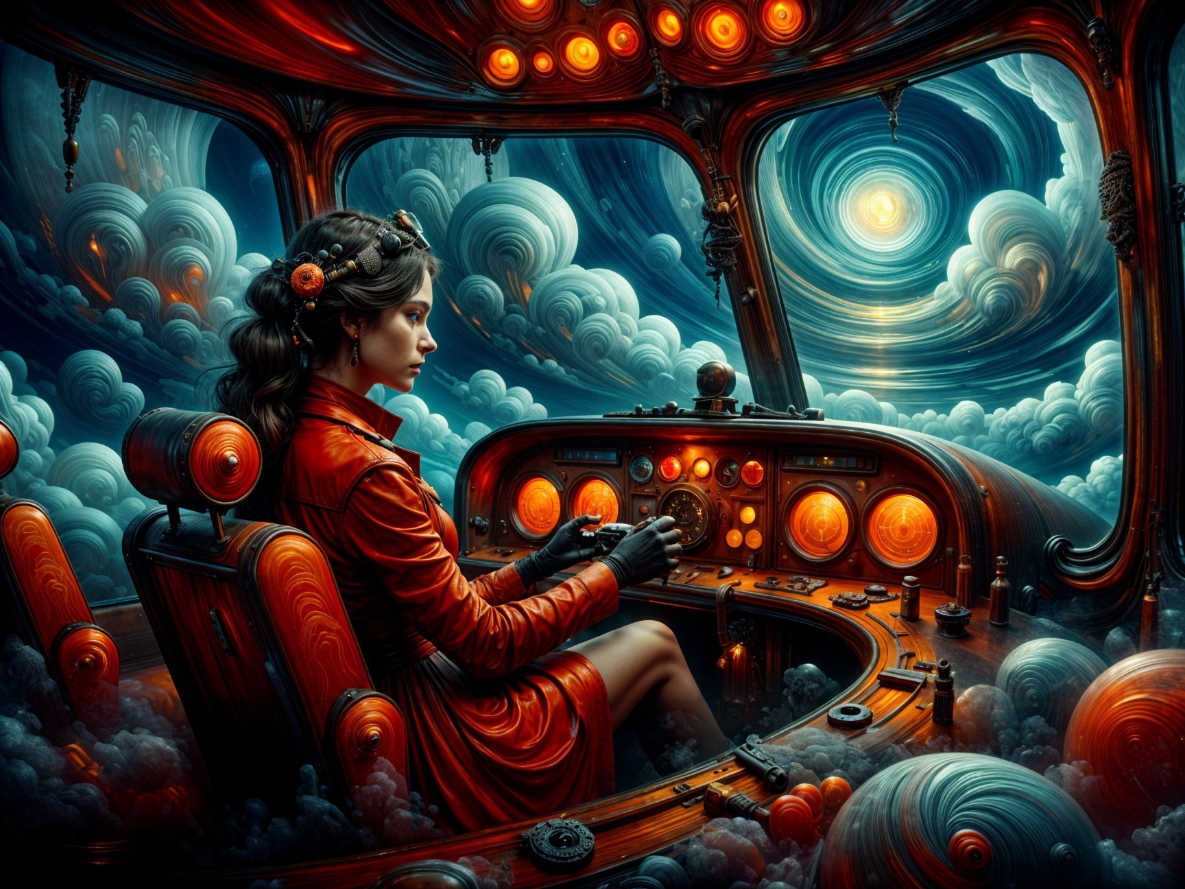 Woman in red coat at vintage control panel in clouds