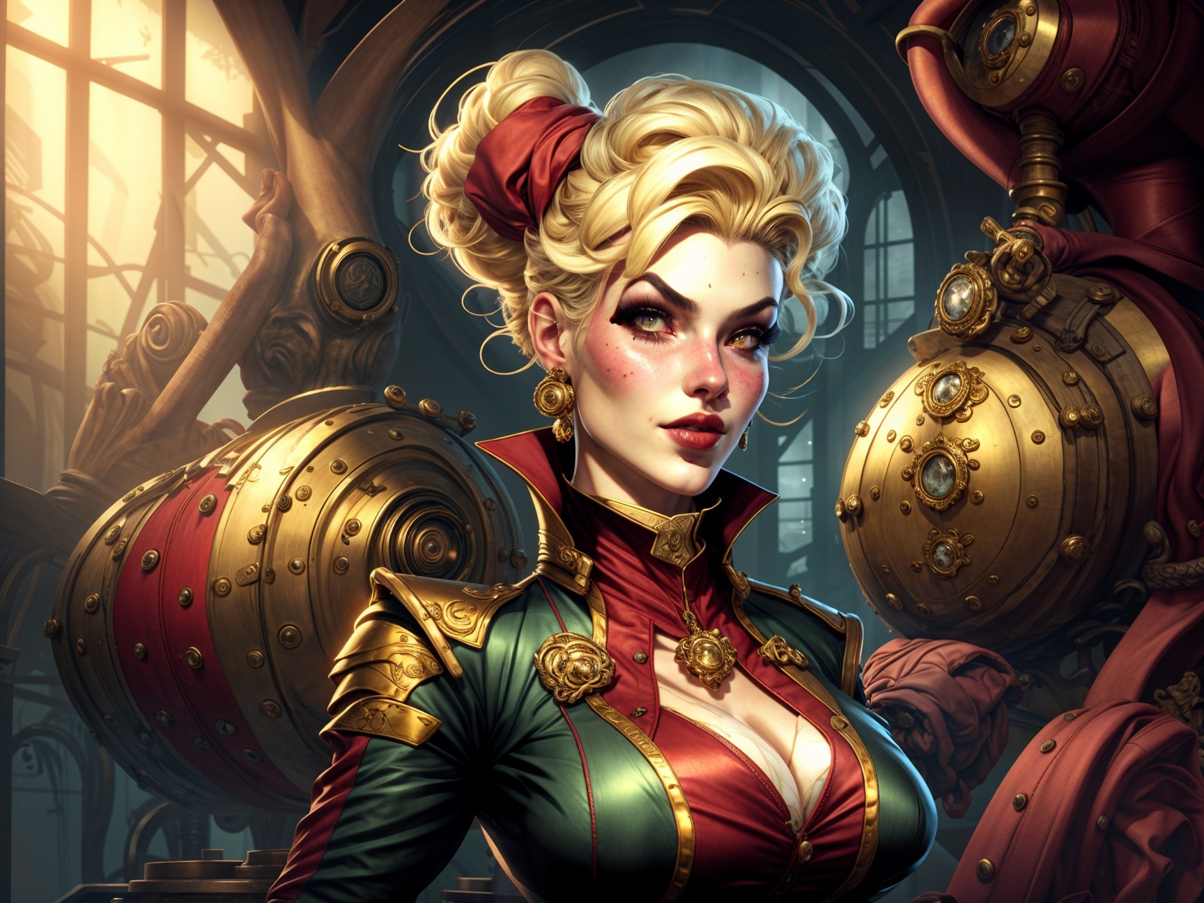 Elegant Woman in Steampunk Setting with Updo and Ribbon