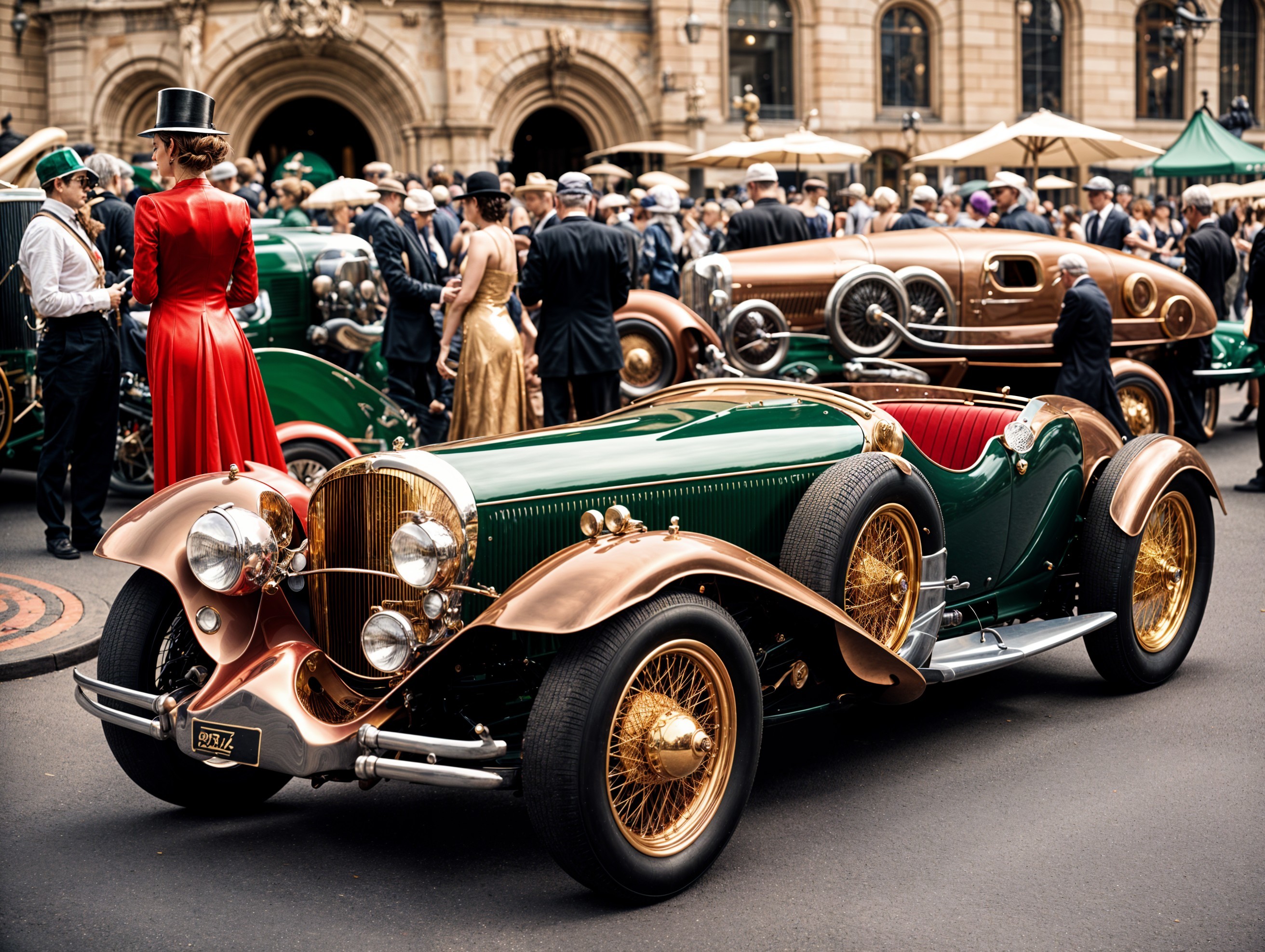 Vintage Car Show with Elegant Attendees in Period Attire