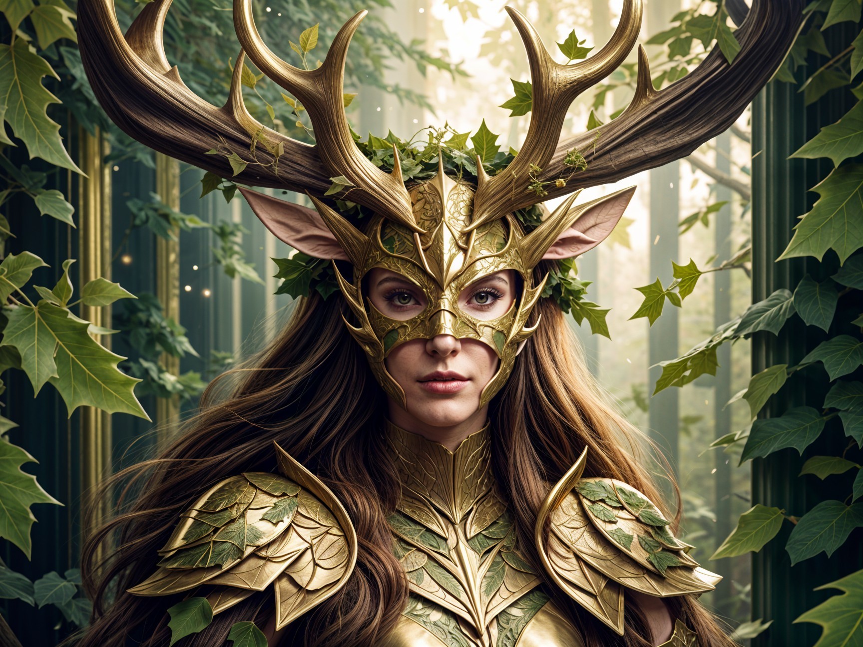 Mystical figure in golden armor in a lush forest
