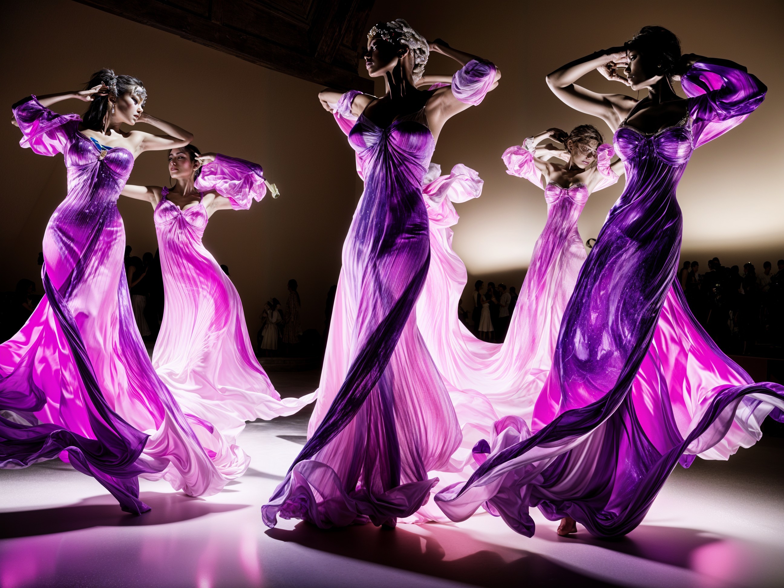 Elegant Gowns in Dramatic Fashion Scene with Models