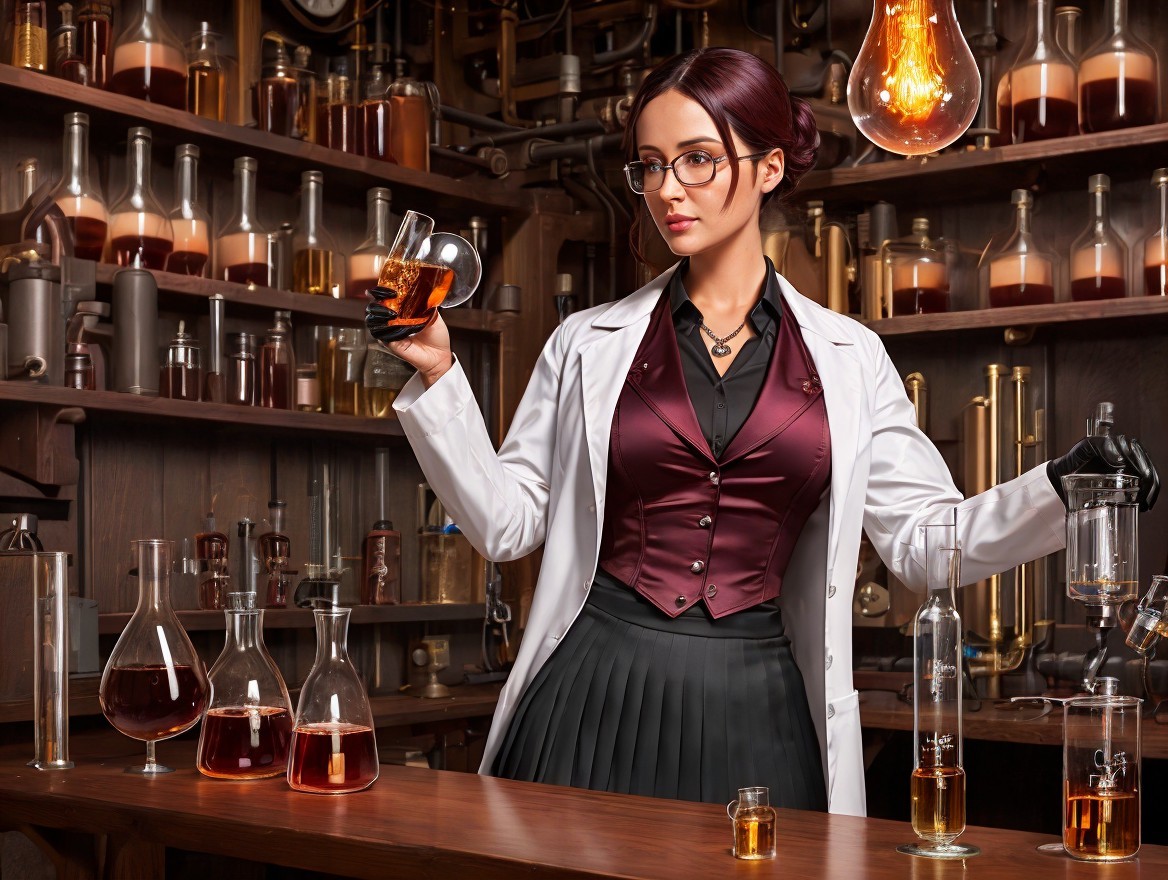 Female Scientist in Vintage Laboratory with Colorful Liquids