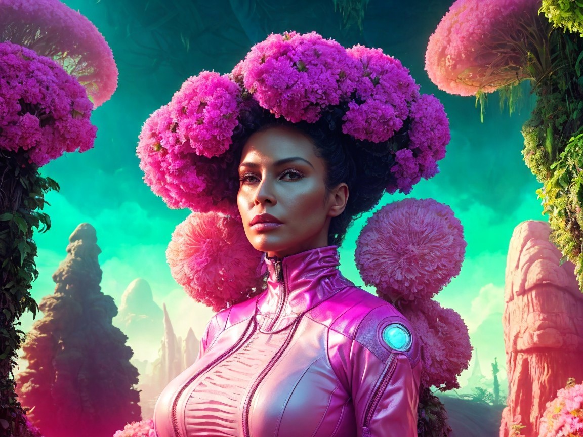 Woman in Futuristic Pink Outfit Amidst Colorful Landscape