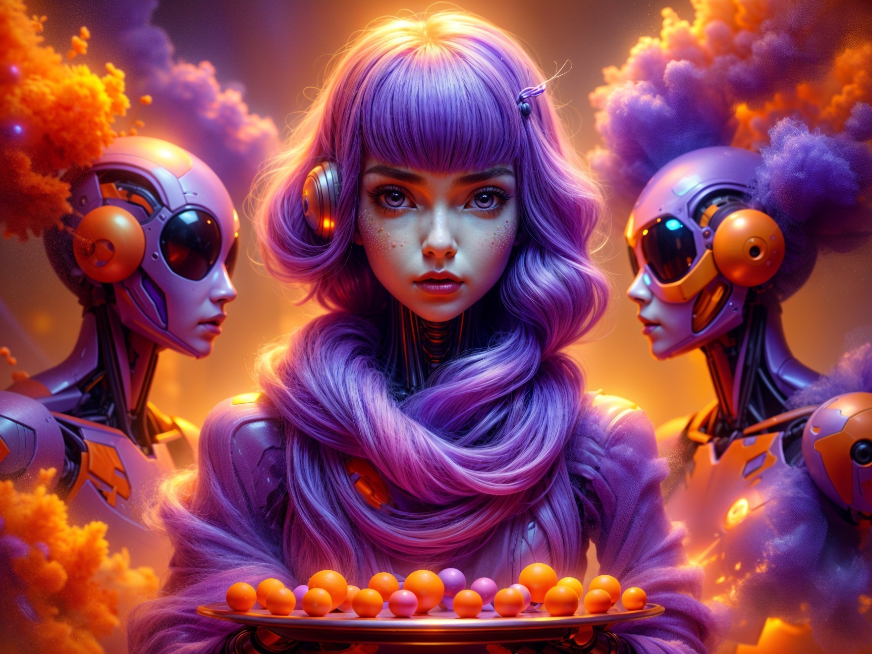 Surreal Futuristic Scene with Girl and Robots