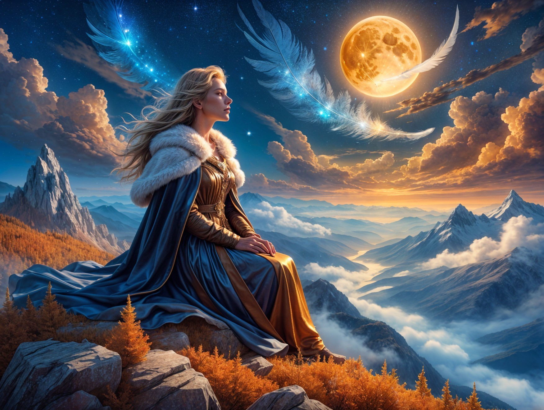Majestic figure in gown under luminous full moon