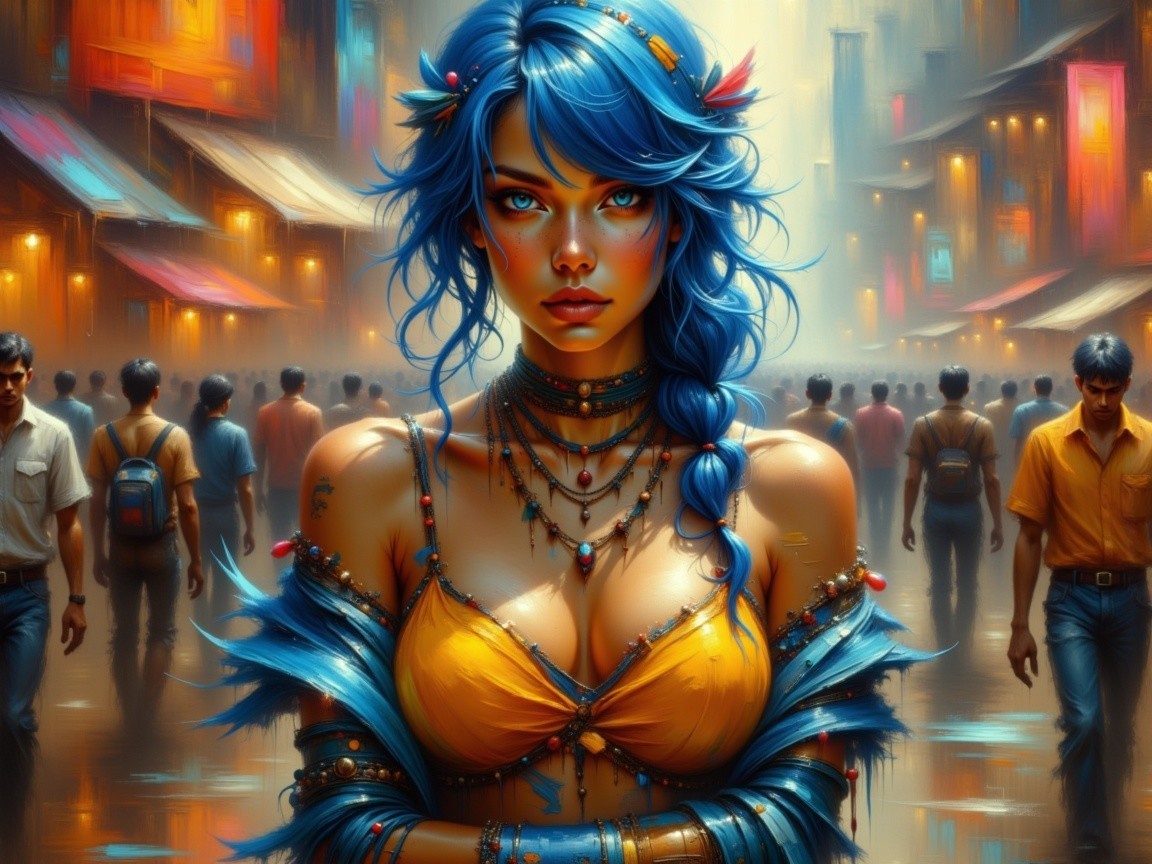 Vibrant Urban Scene with Striking Woman in Yellow Top