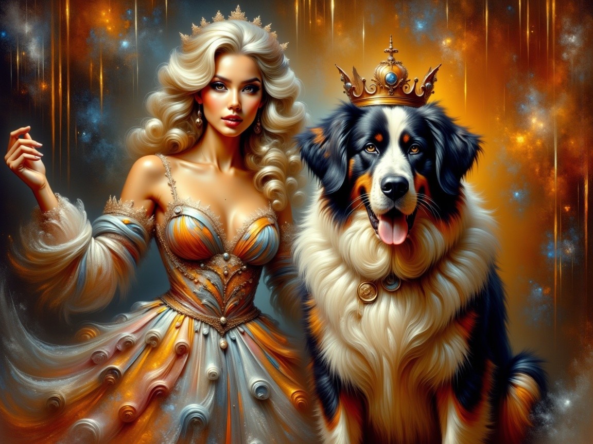 Regal Woman in Shimmering Gown with Majestic Dog