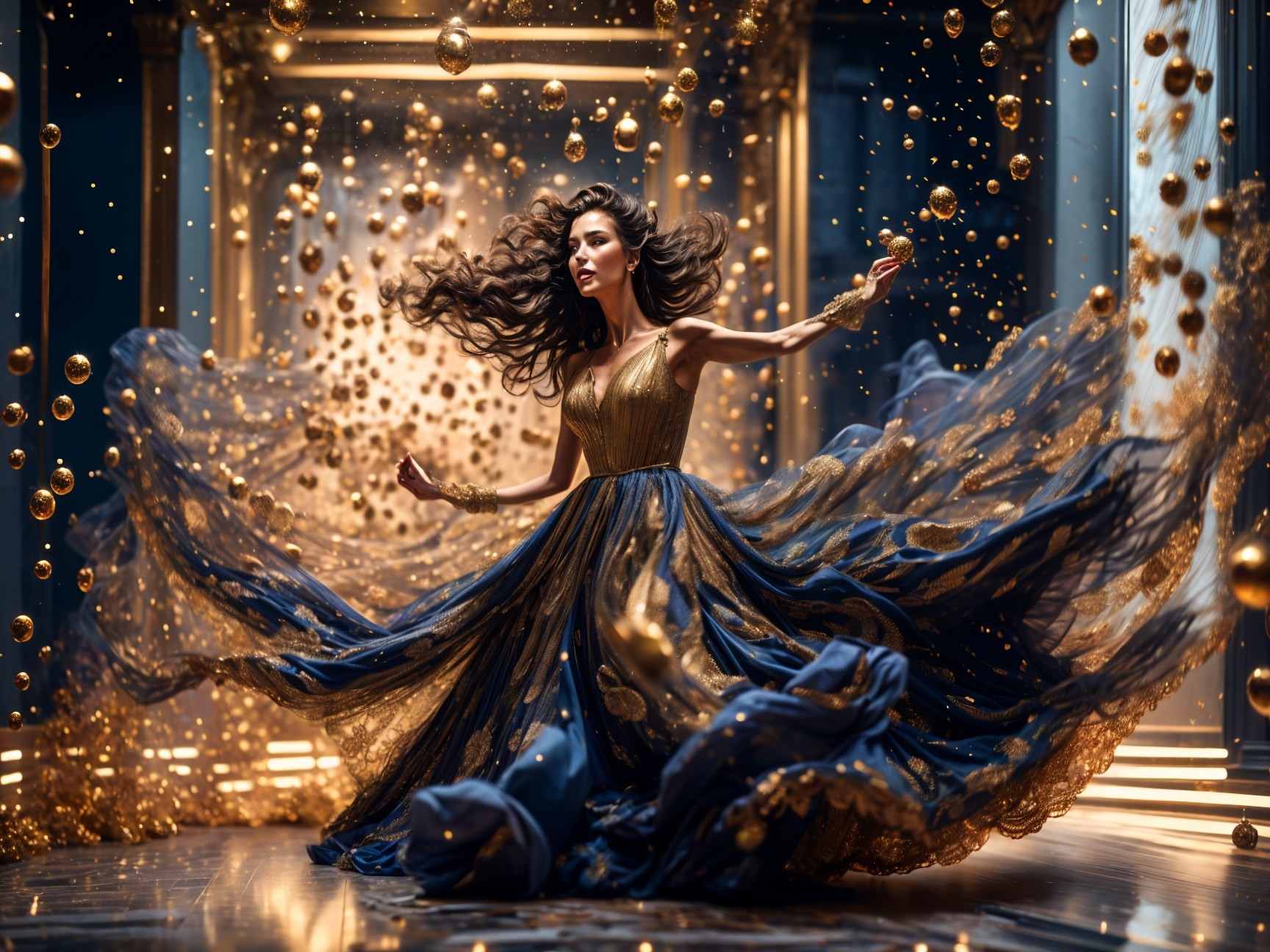 Woman in Luxurious Gown Twirling Among Shimmering Orbs