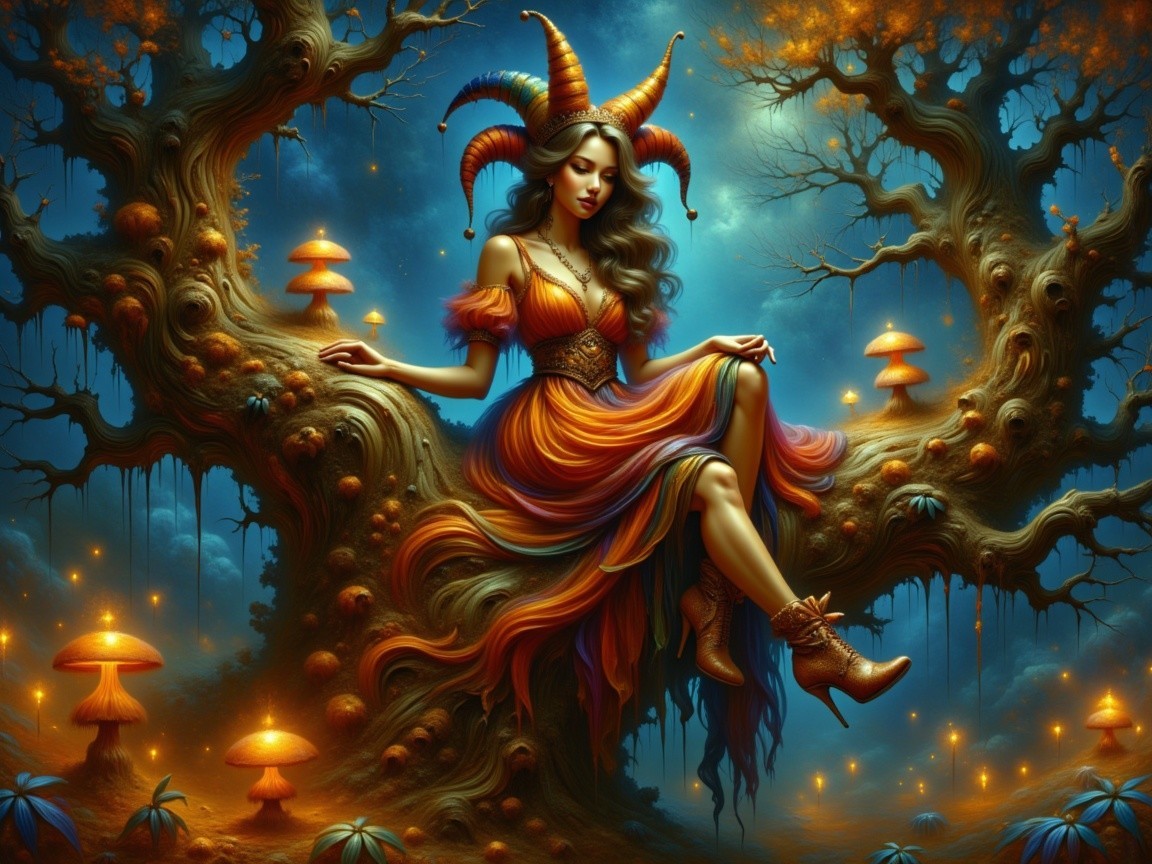 Mystic Figure on Tree Branch with Luminescent Mushrooms