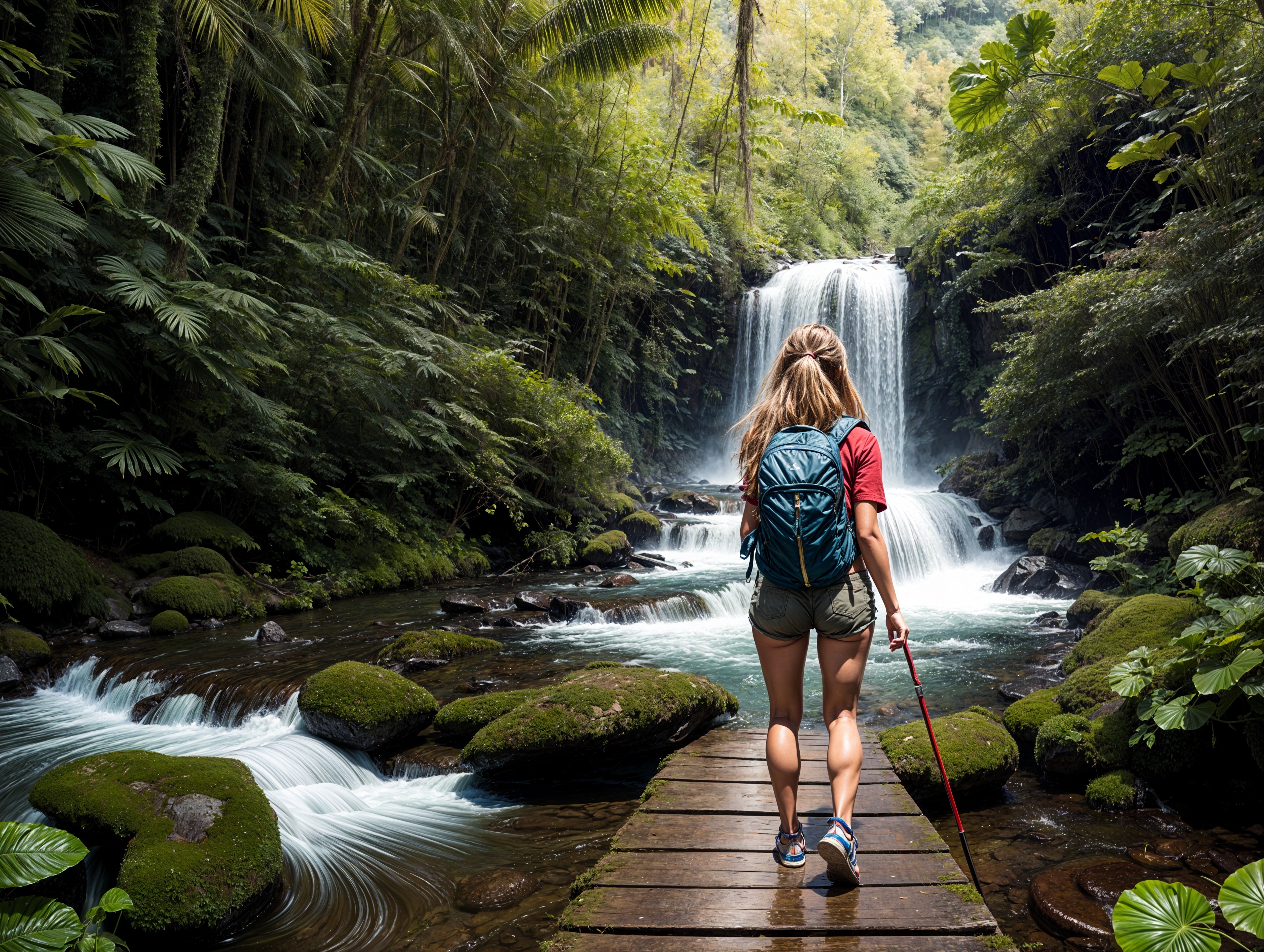 Hiker on Wooden Path in Lush Green Forest Scene