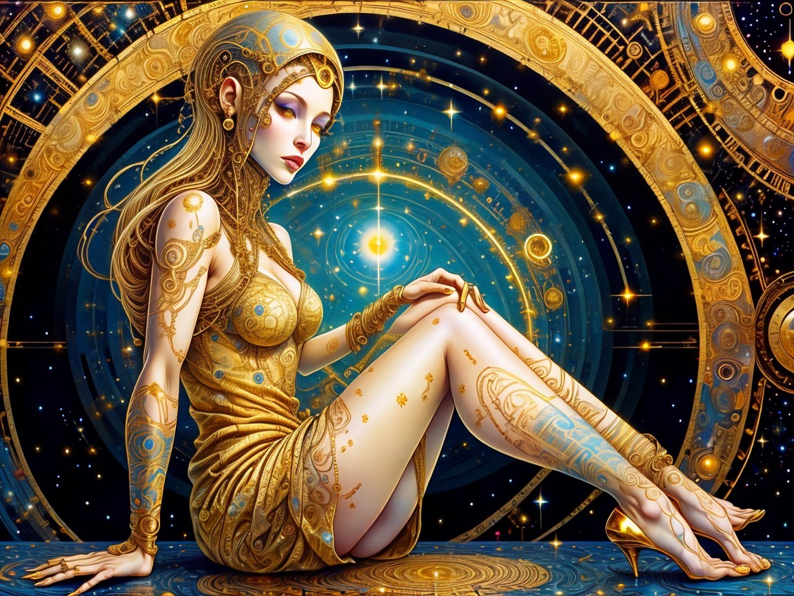 Ethereal Figure in Gold Dress Against Cosmic Backdrop
