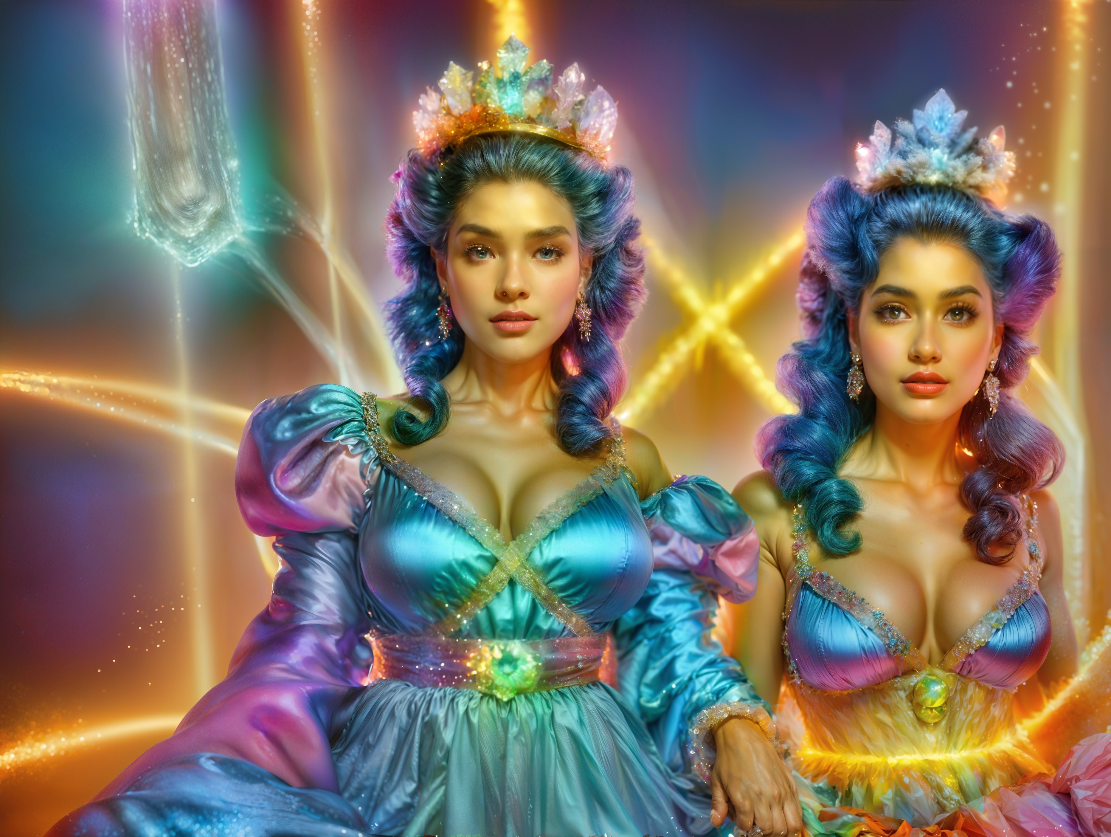 Ethereal Figures in Vibrant Gowns with Magical Aura