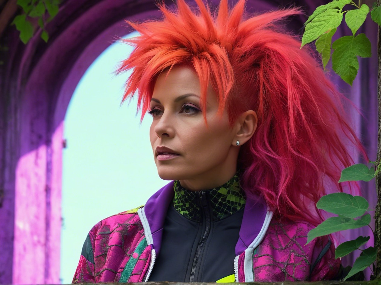 Close-up of a woman with spiky orange-pink hair outdoors