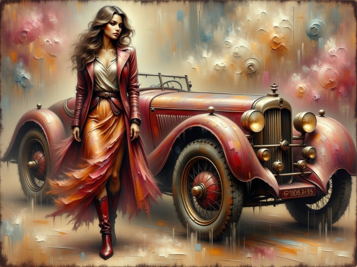 Stylish Woman in Dress and Boots by Vintage Red Car
