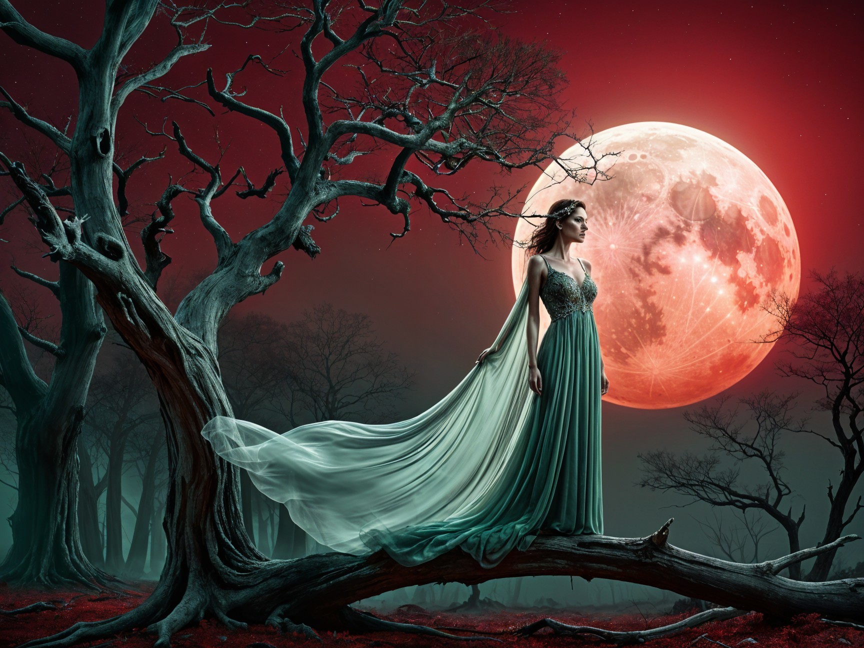 Mysterious figure on a tree branch in eerie landscape