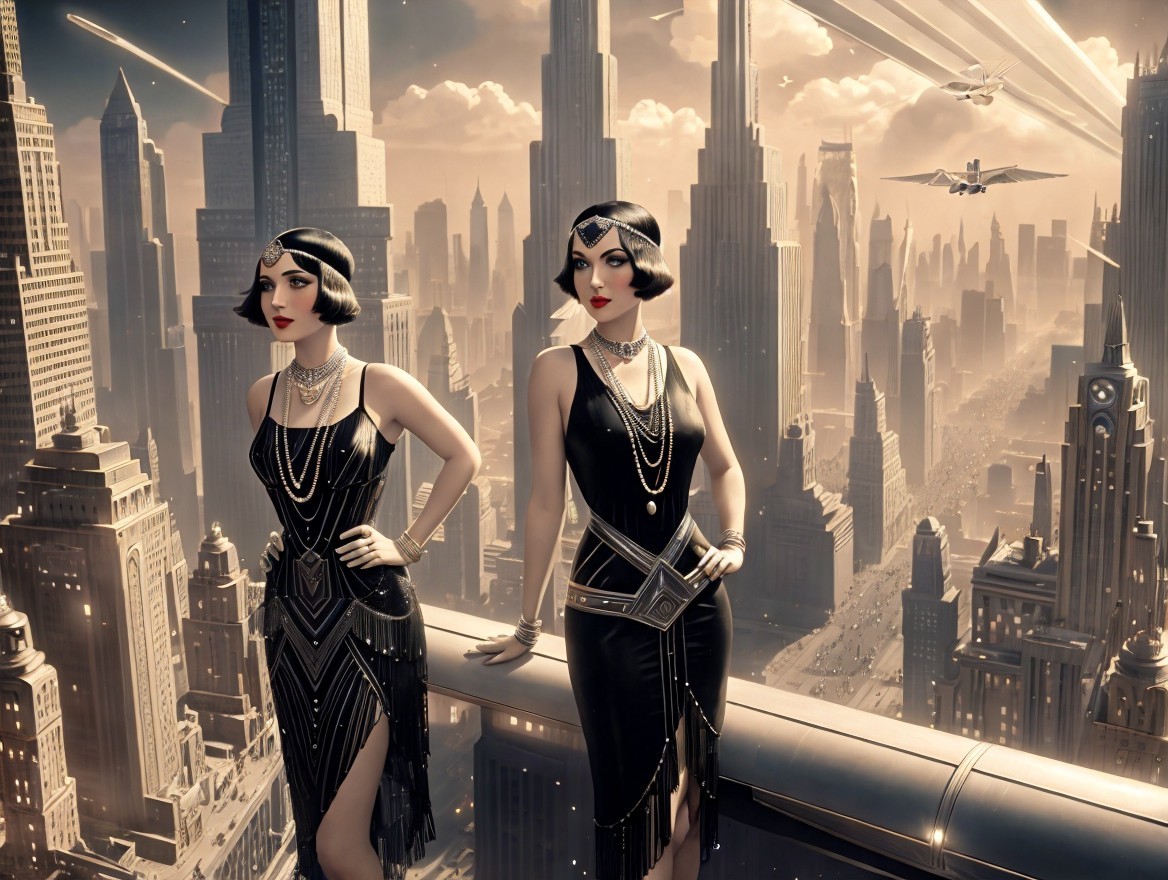 Glamorous Women in 1920s Flapper Dresses Overlooking City
