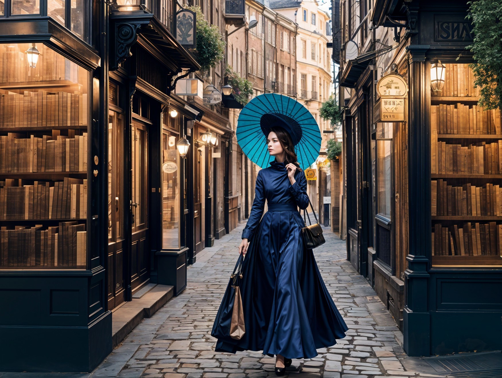 Elegant woman in blue dress on cobblestone alley