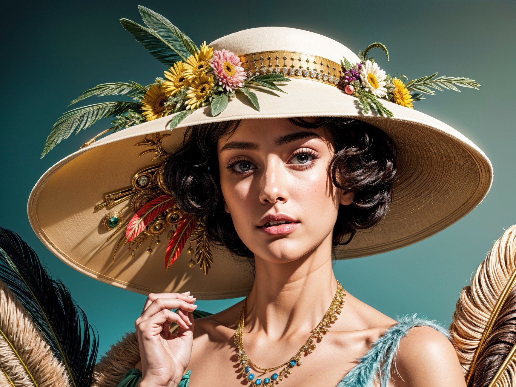 Young Woman in Elegant Hat with Floral Accents
