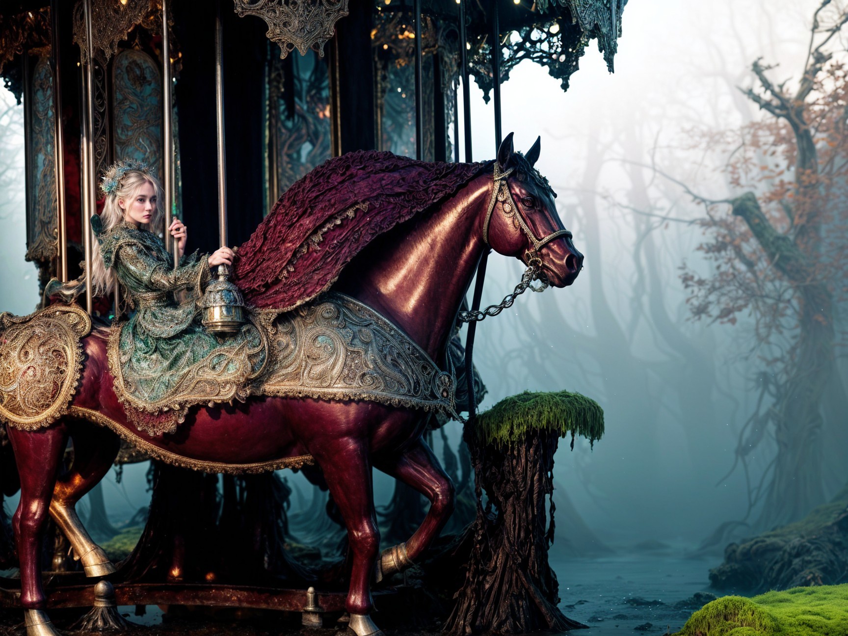 Mystical Scene of a Young Woman on a Carousel Horse