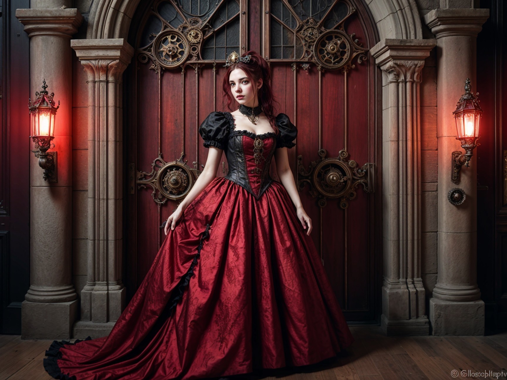 Elegant Woman in Red Gown in Grand Setting