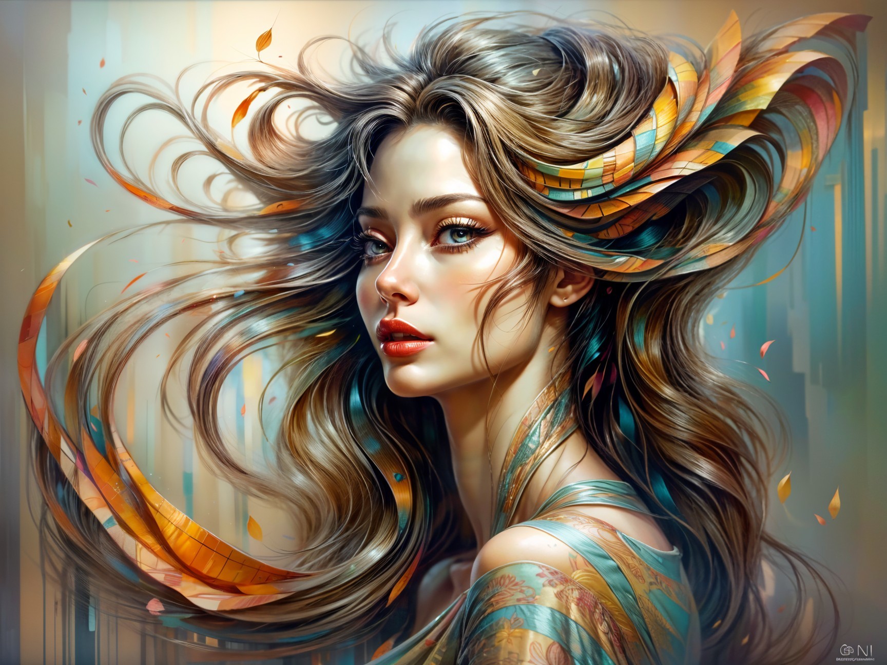 Portrait of a Woman with Feathers and Flowing Hair