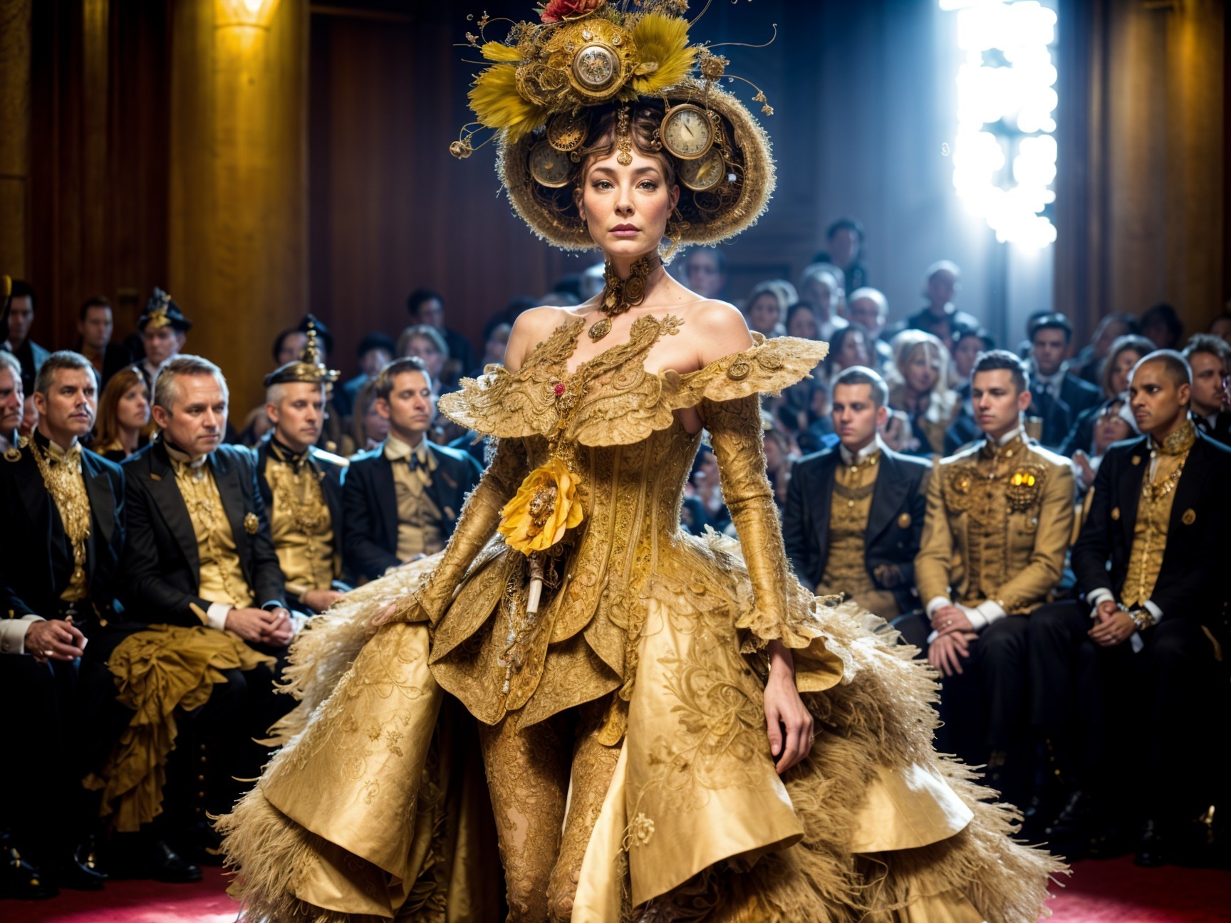 Elegant Gold Gown Displayed in Luxurious Fashion Show