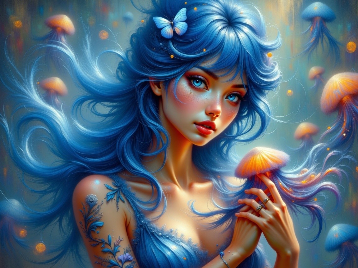 Vibrant Mermaid Digital Painting with Jellyfish and Butterfly