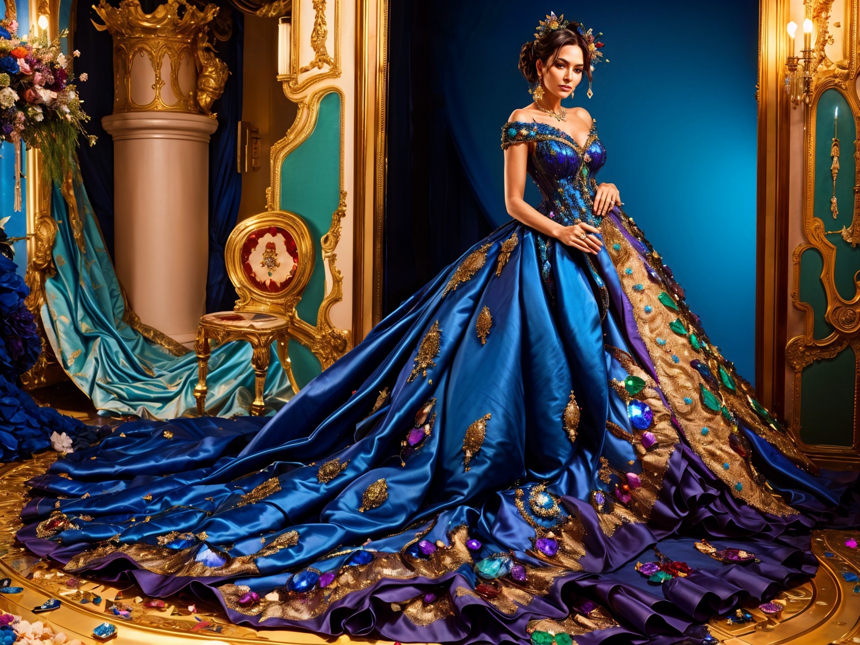 Deep Blue Satin Gown with Gold Embroidery and Gems