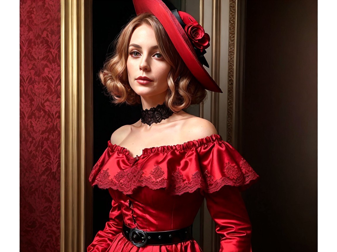 Portrait of a woman in red gown and wide-brimmed hat