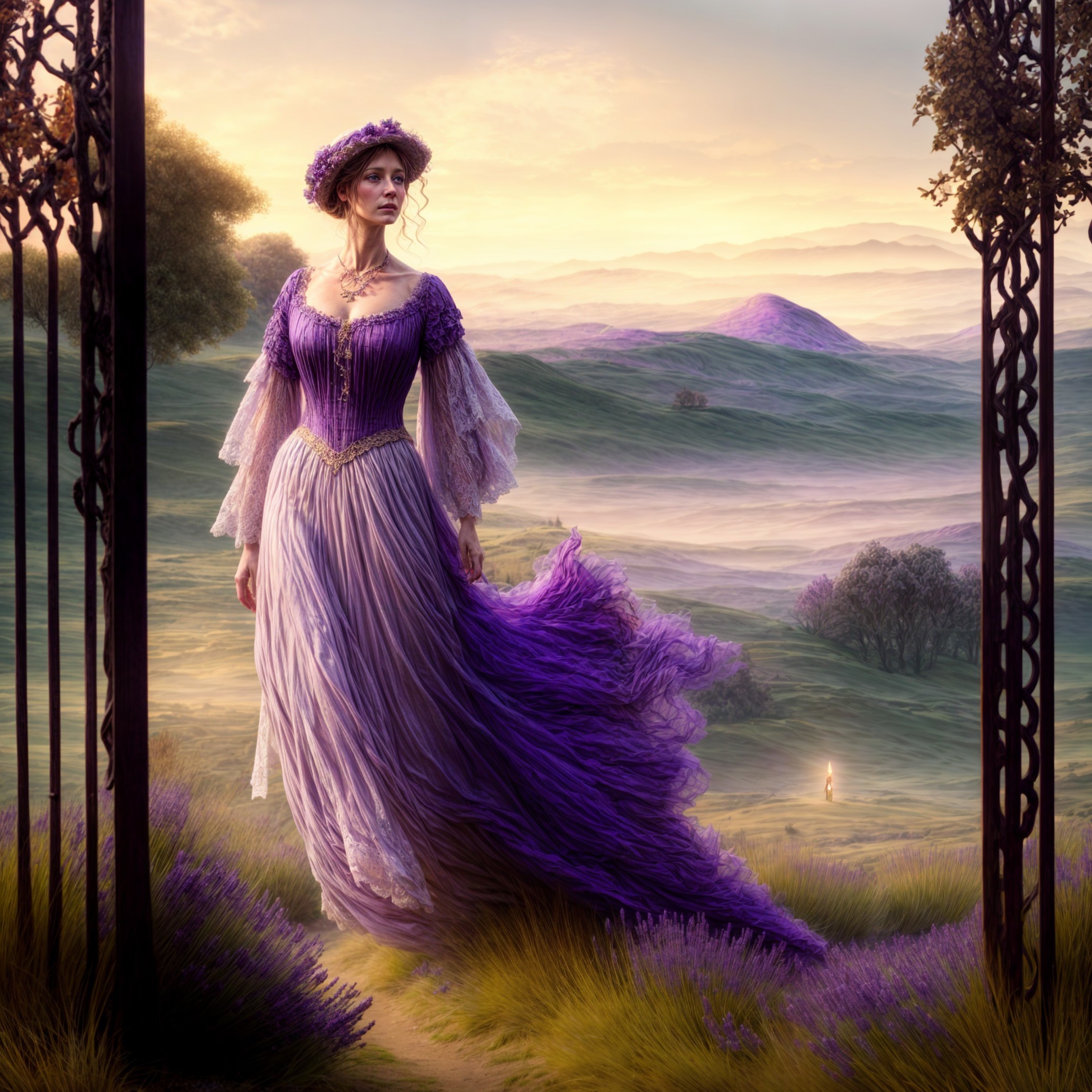 Woman in Lavender Gown at Floral Archway Scene