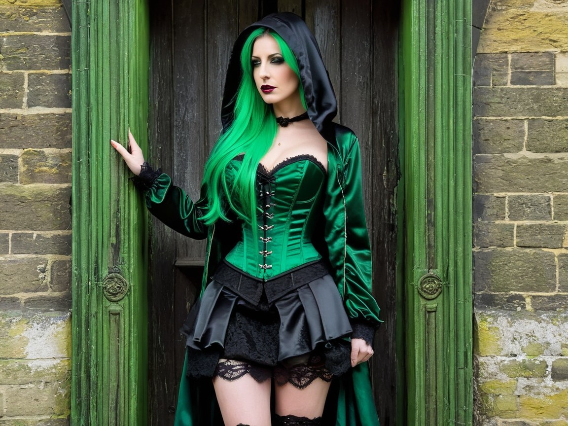 Woman in Green Attire by Stone Wall Doorway