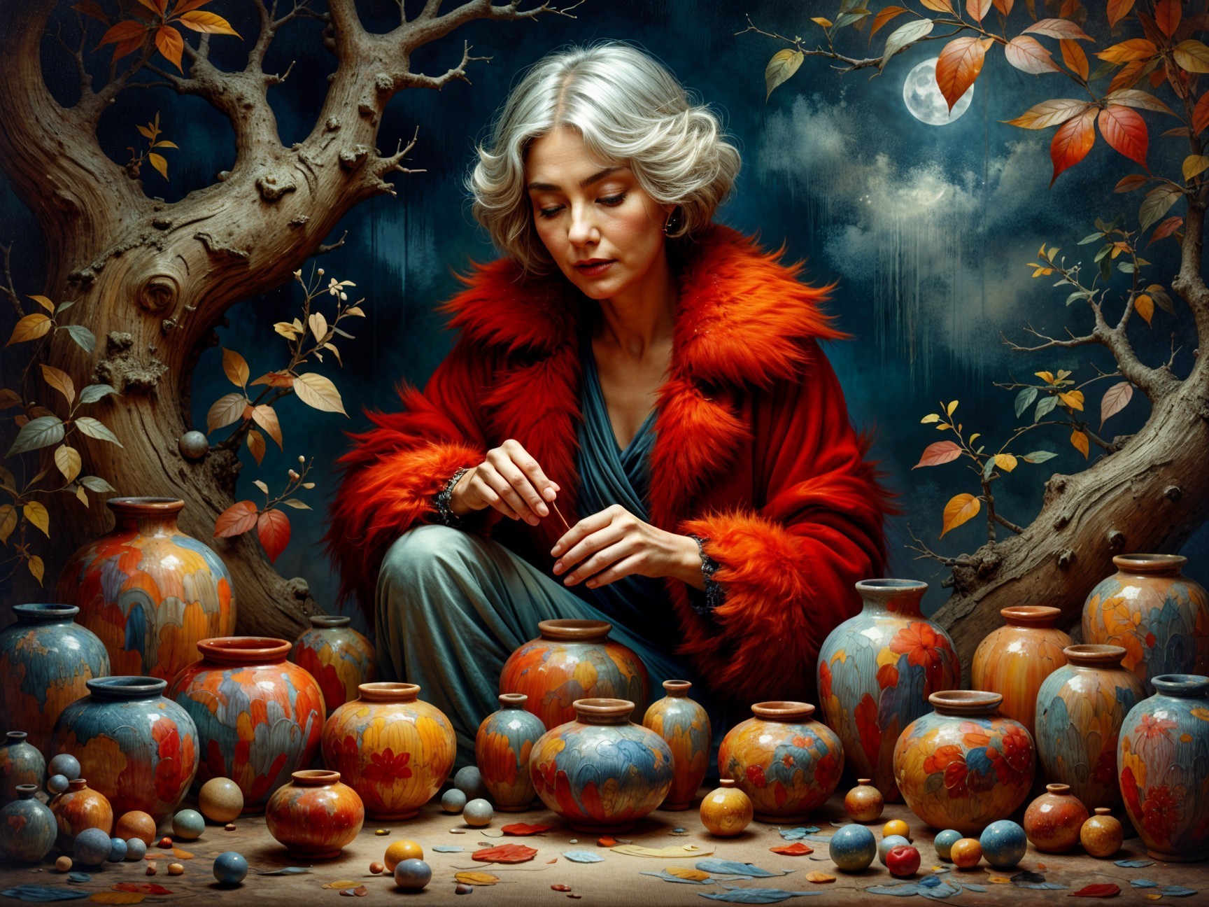 Woman with Silver Hair and Red Coat Among Pottery