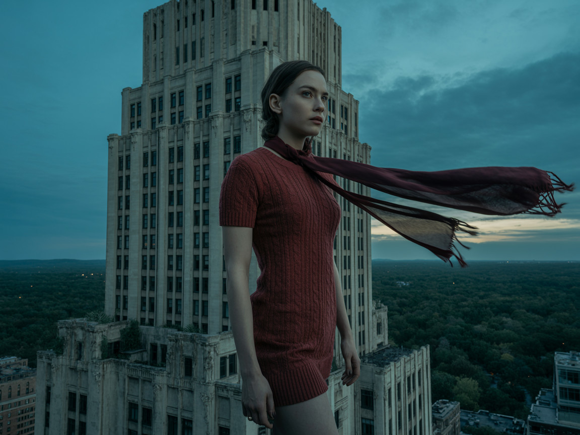 Young Woman on Rooftop with Urban Skyline Background