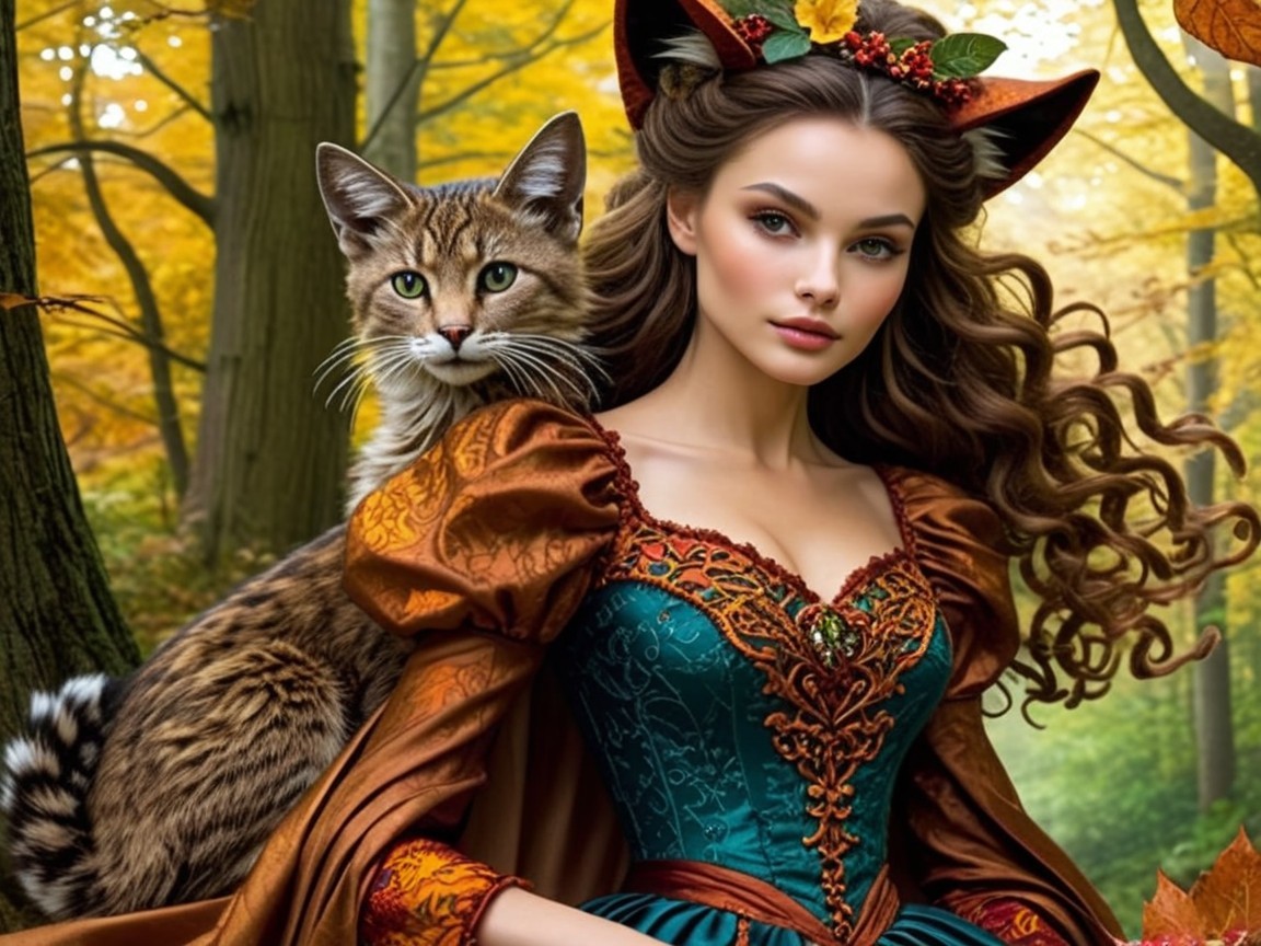Young woman in gown with cat in autumn forest